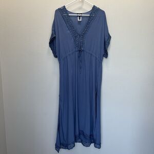 Scoop NYC | Blue Short Sleeve V Neck Maxi Dress Side Slits Large/XL Lace Trim